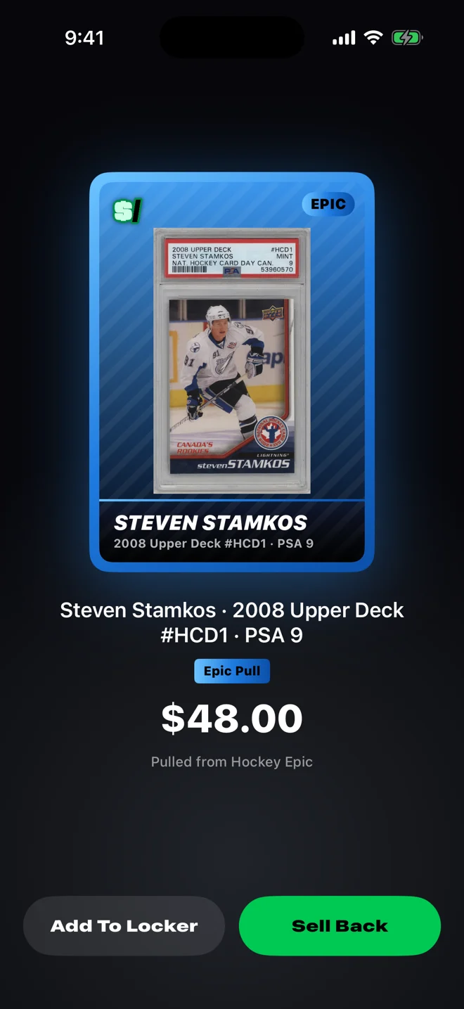 A graded Steven Stamkos card pulled from a pack, with Sell Back